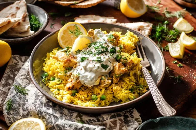 Delicious dump-and-bake Chicken Tzatziki served with rice, a healthy meal option.
