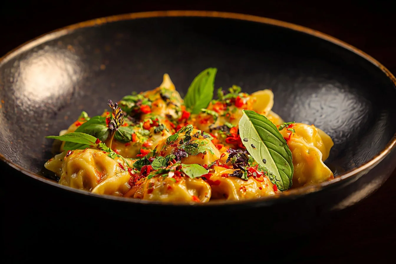 Dumpling Ramen Bake prepared with fresh ingredients and served in a bowl