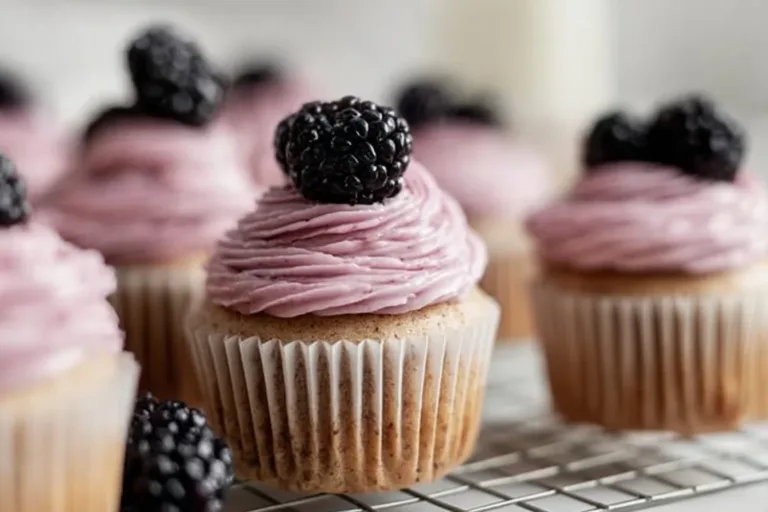 Earl Grey Blackberry Cupcakes topped with creamy icing and fresh blackberries
