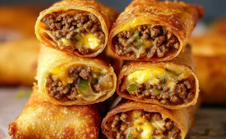 Crispy air fryer cheeseburger egg rolls filled with ground beef and cheese