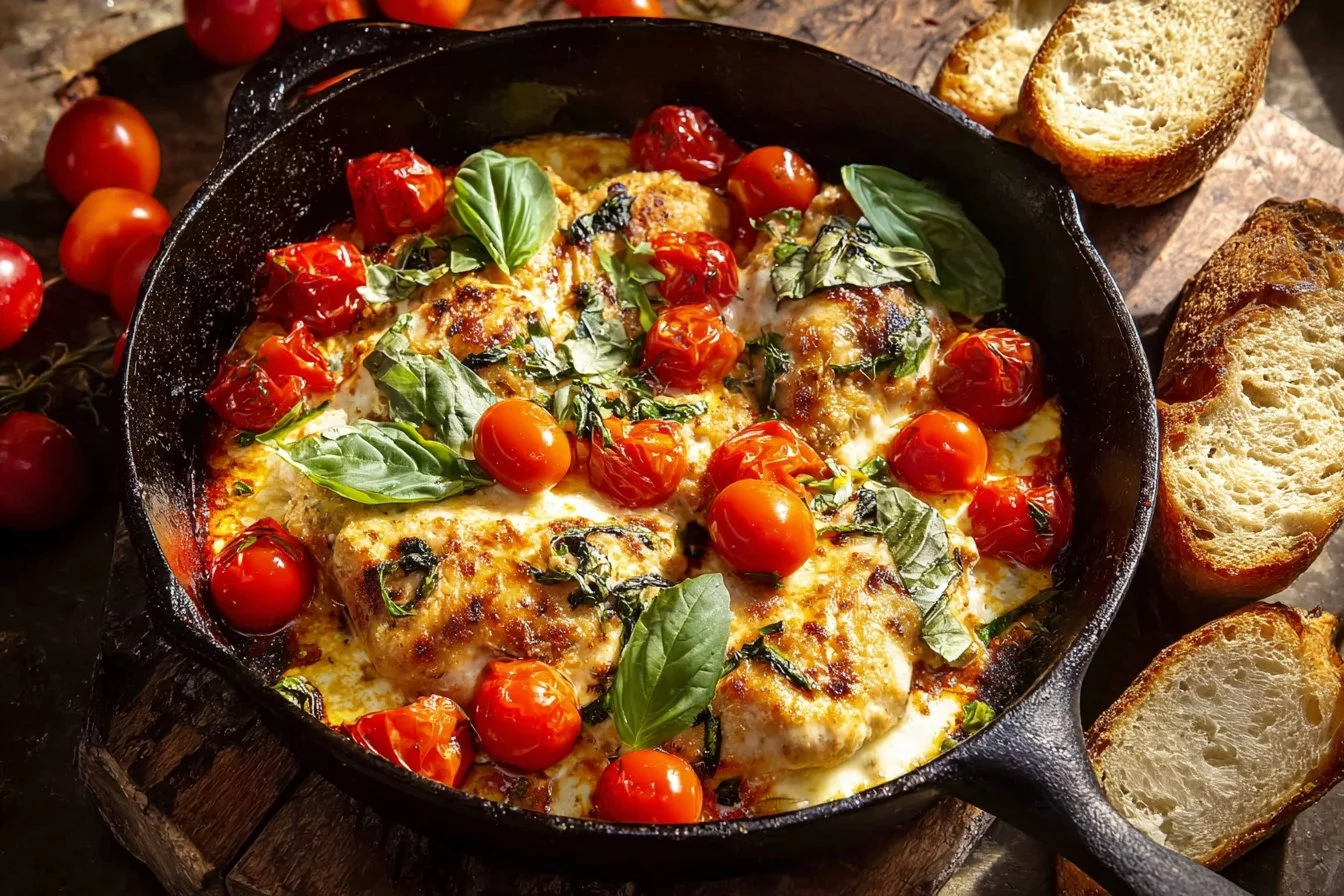 Delicious plate of easy Bruschetta Chicken topped with fresh tomatoes and basil.