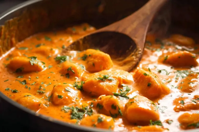 Easy butter chicken dish served with rice and naan on a plate.