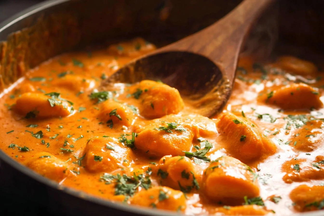 Easy butter chicken dish served with rice and naan on a plate.