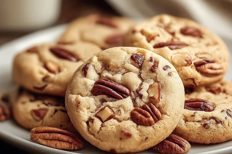 Baked easy butter pecan cookies on a baking tray with nuts and chocolate drizzle.