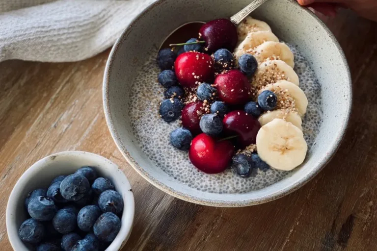 A bowl of easy chia pudding topped with fresh fruits and nuts.