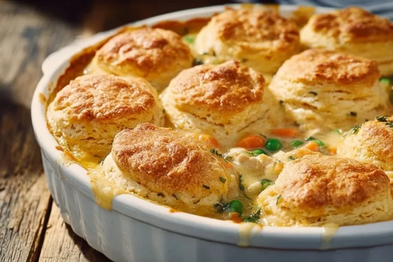 Homemade chicken pot pie casserole topped with golden crust and vegetables