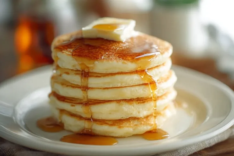 Fluffy Japanese souffle pancakes served with maple syrup and berries