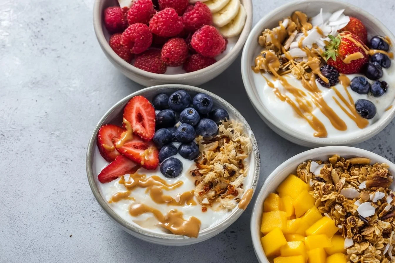 Delicious yogurt granola bowls made with fresh ingredients and toppings