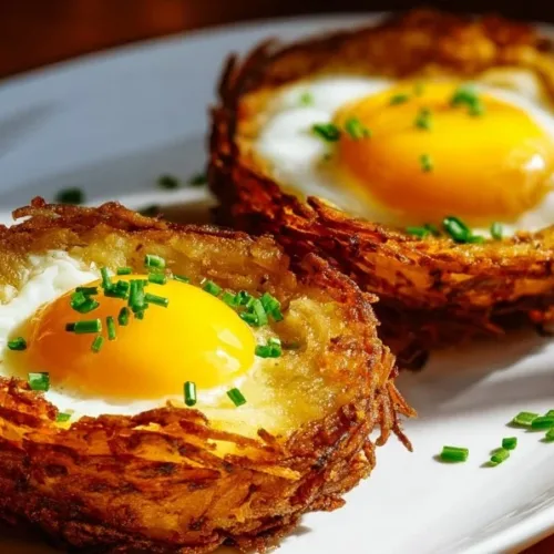 Eggs nestled in crispy hash brown baskets, a delicious breakfast dish.