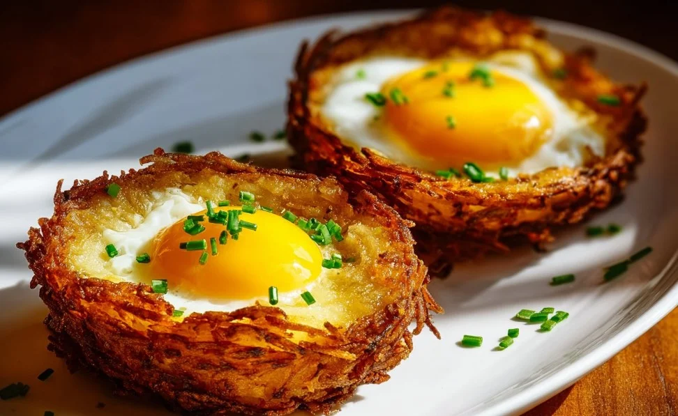 Eggs nestled in crispy hash brown baskets, a delicious breakfast dish.
