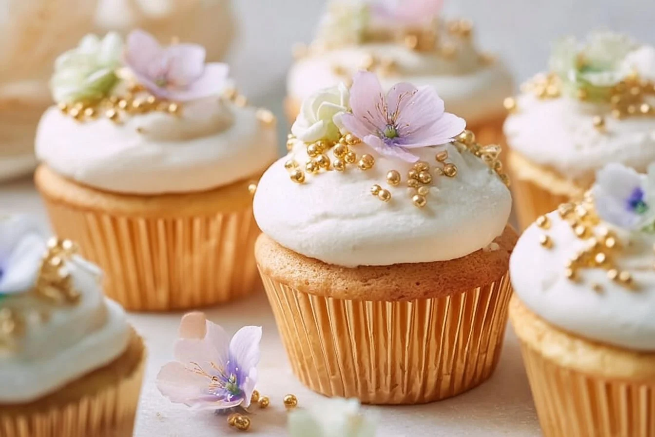 Elderflower Cupcakes with creamy icing on a decorative plate