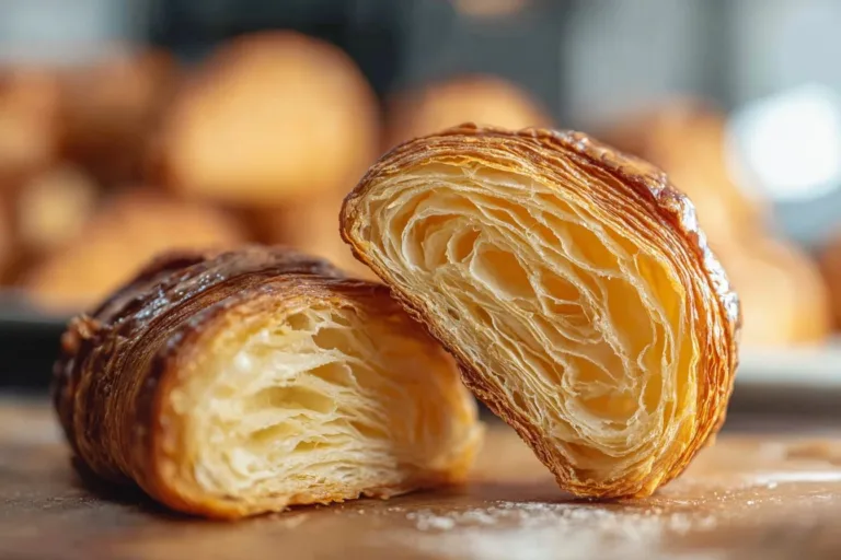 Freshly baked flaky sourdough croissants on a wooden table