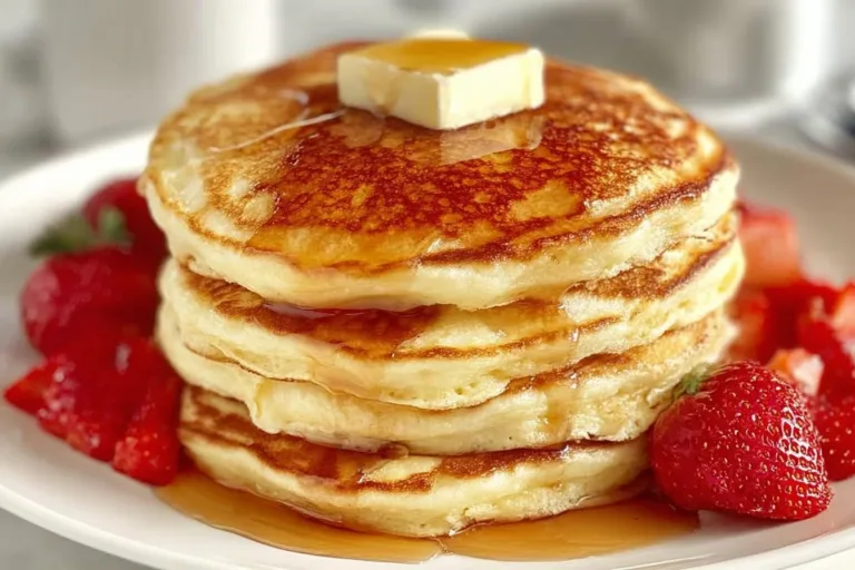 Stack of fluffy pancakes drizzled with syrup and topped with fresh berries