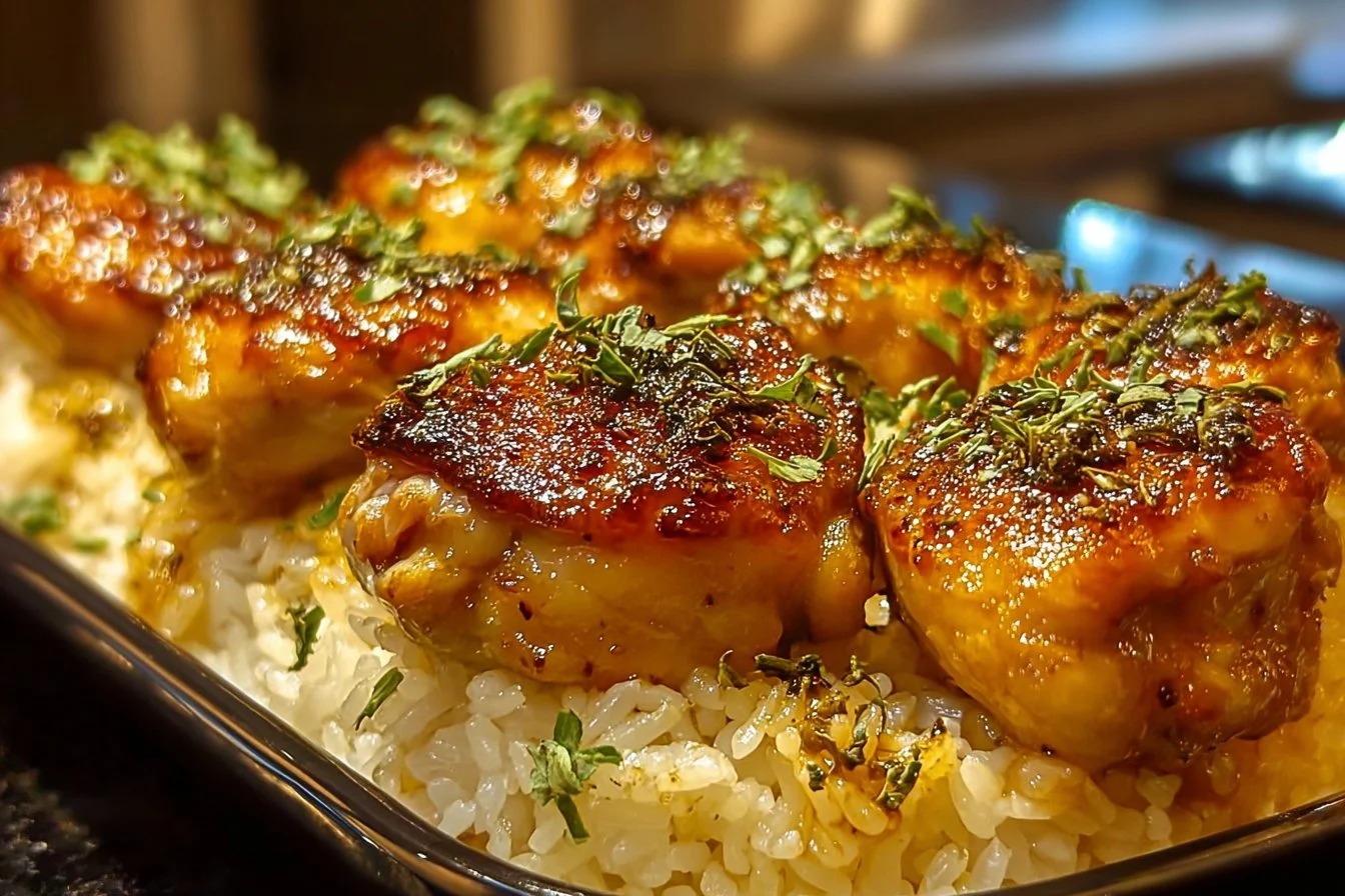 Delicious plate of Forgotten Chicken and Rice with vibrant herbs and spices