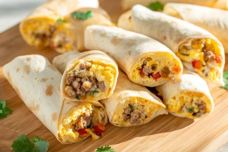 Freezer friendly breakfast taquitos filled with eggs and cheese