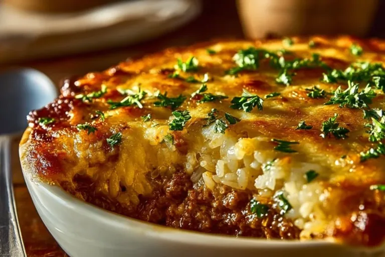 Delicious French Onion Ground Beef and Rice Casserole served in a dish