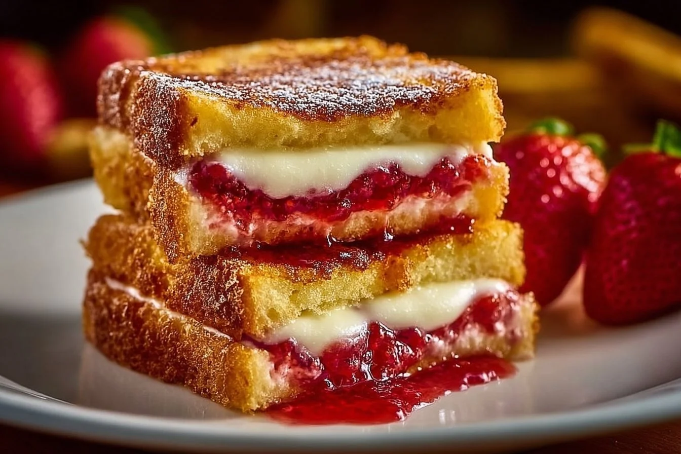 Fried strawberry cheesecake sandwiches with a crispy exterior and creamy filling.