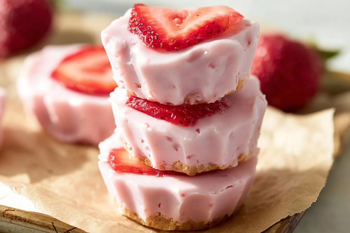 Delicious frozen strawberry yogurt bites served in a bowl with fresh strawberries.