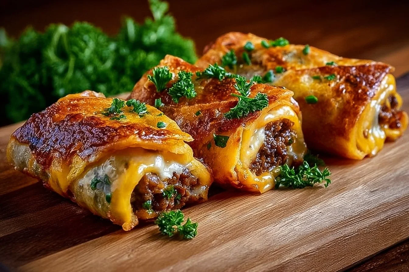 Garlic butter beef cheeseburger rollups with melted cheese and savory beef