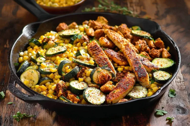 Garlic Butter Chicken with Zucchini and Corn in a skillet