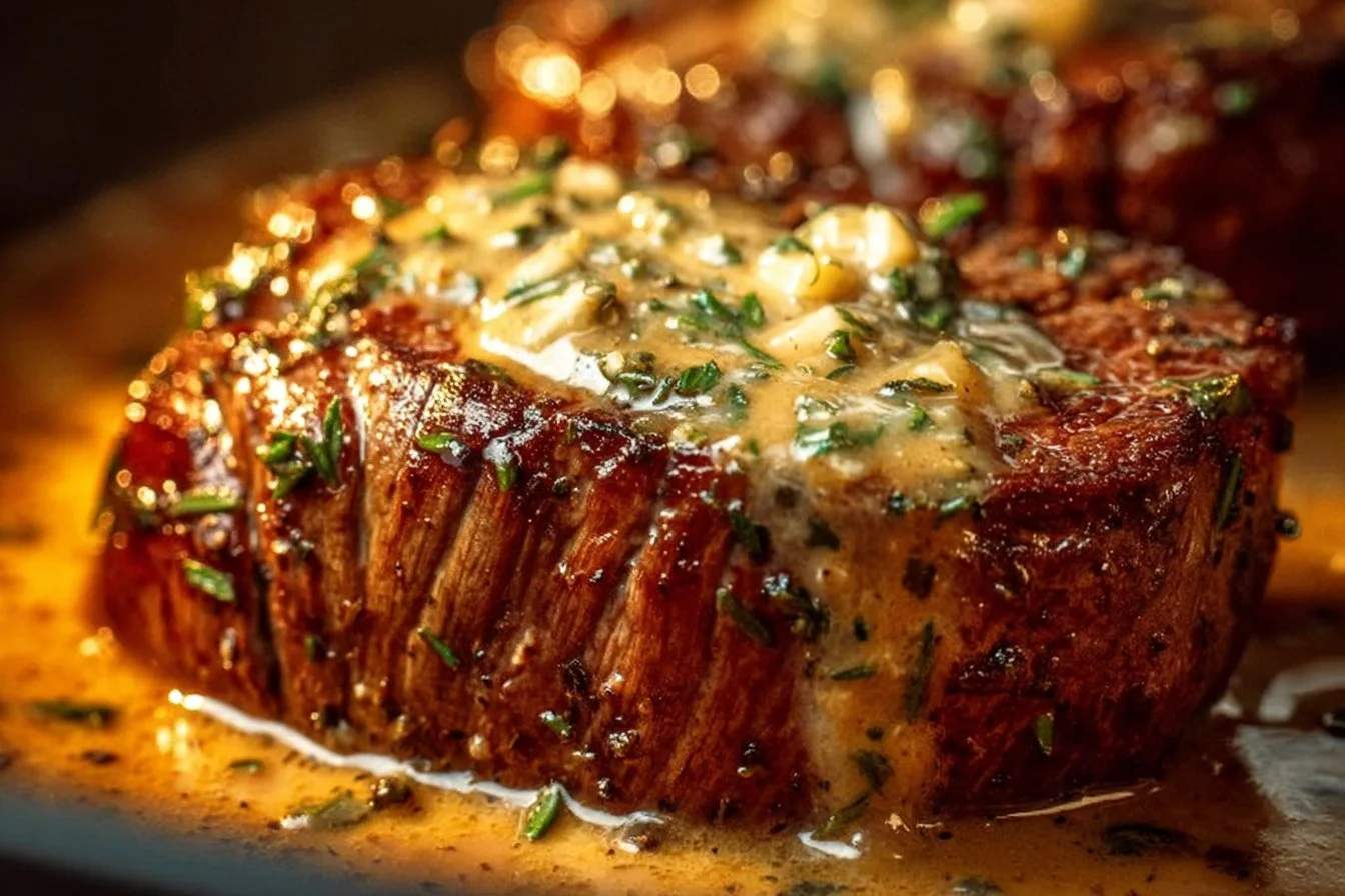 Juicy Garlic Butter Steak drizzled with rich Parmesan Cream Sauce