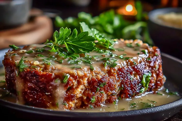 Delicious Garlic Parmesan Chicken Meatloaf served with fresh herbs