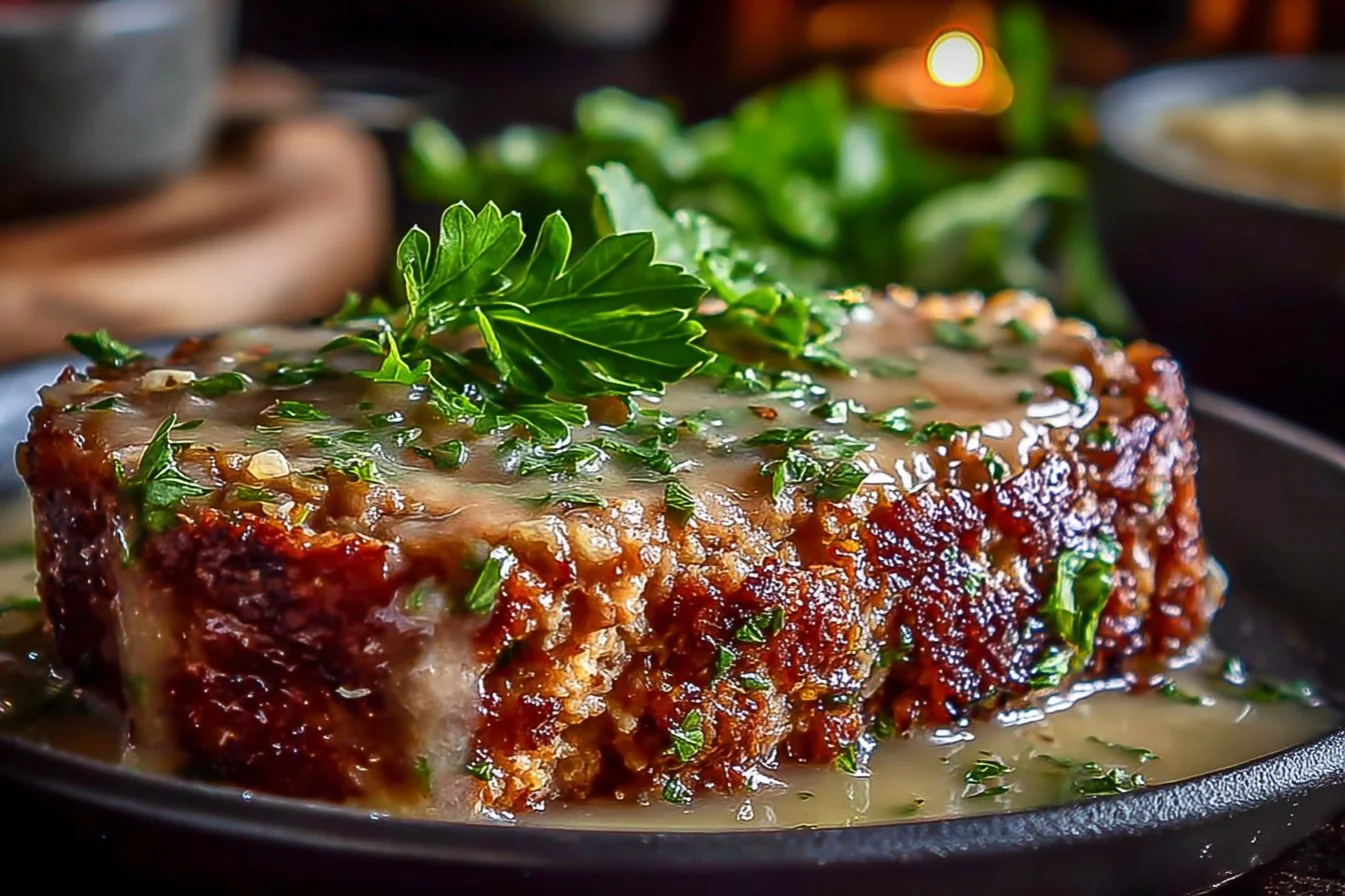 Delicious Garlic Parmesan Chicken Meatloaf served with fresh herbs