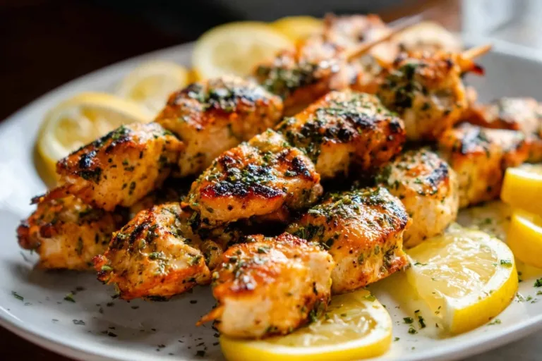 Garlic Parmesan Chicken Skewers garnished with herbs on a wooden serving platter