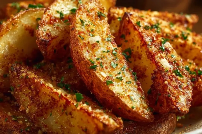 Crispy Garlic Parmesan Potato Wedges garnished with parsley on a plate