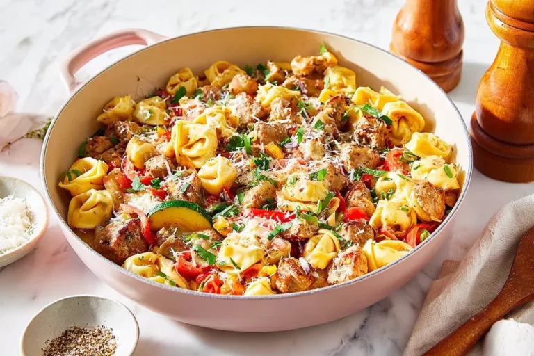 Garlic Parmesan Steak Tortellini dish with steak and cheese sauce