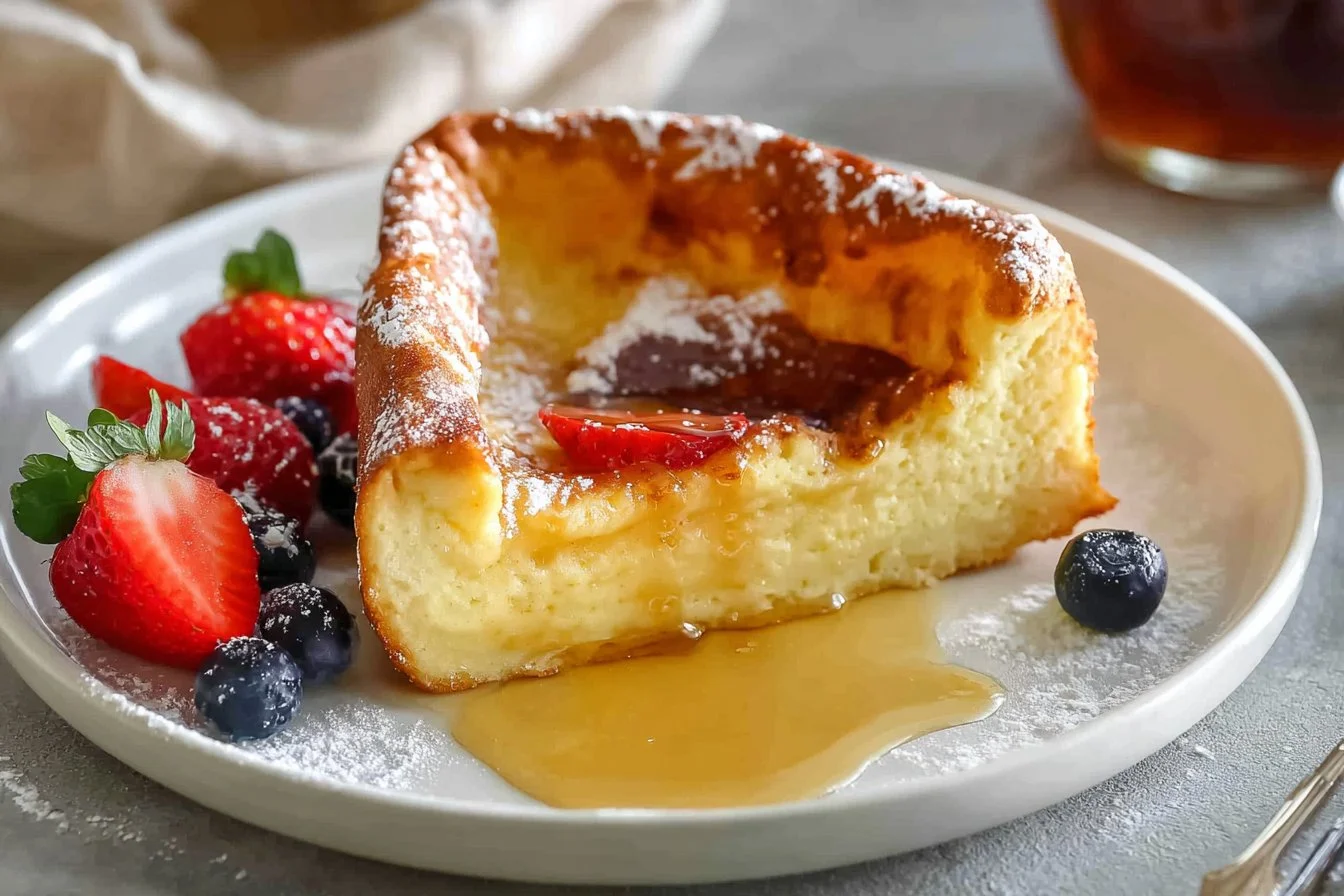 Fluffy homemade German pancakes topped with fresh fruits and syrup