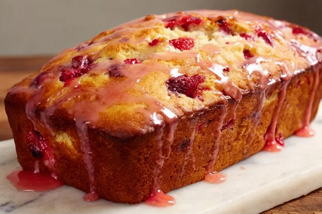Freshly baked glazed strawberry bread with strawberries on top