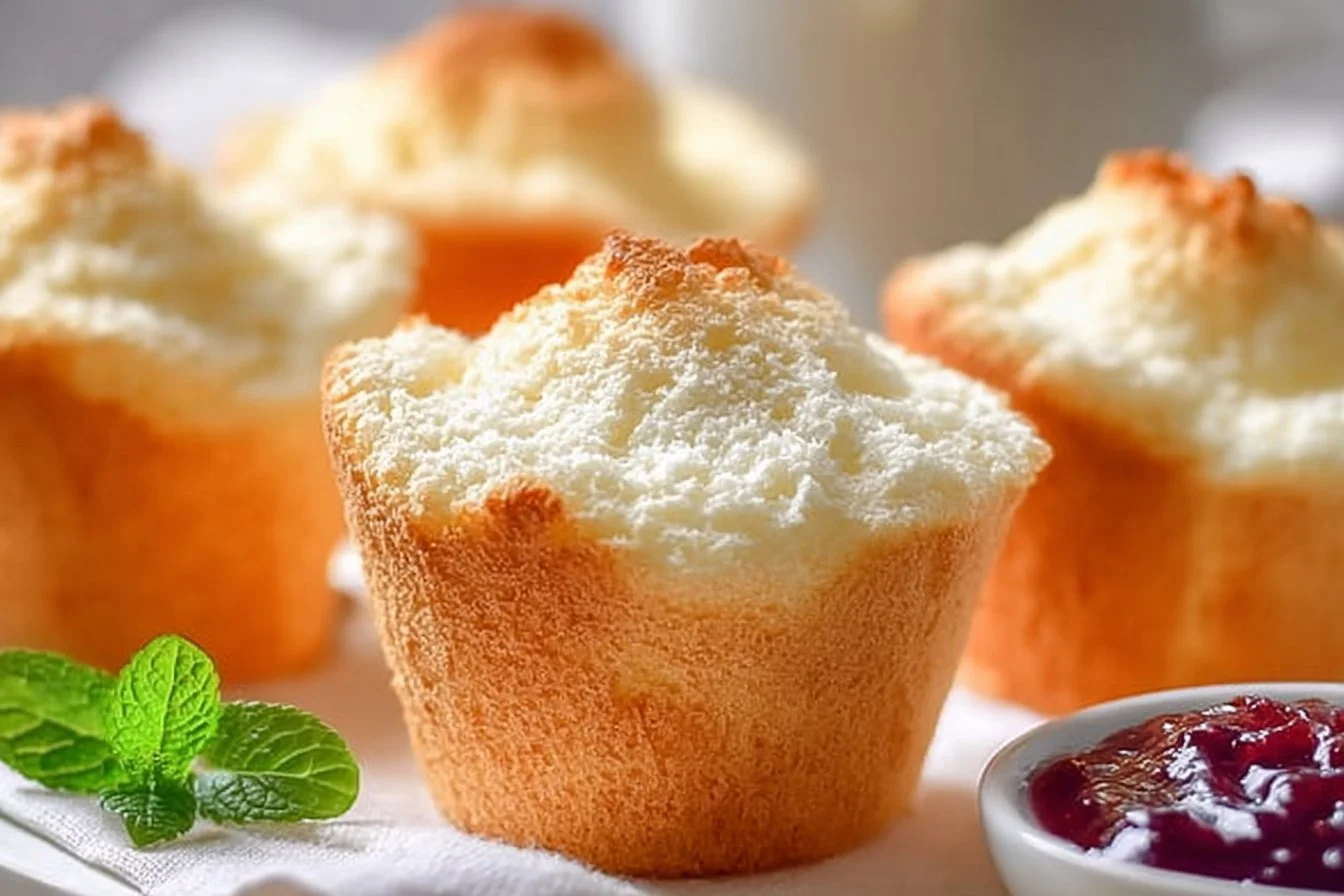 Golden Angel Food Cupcakes topped with whipped cream and fresh berries