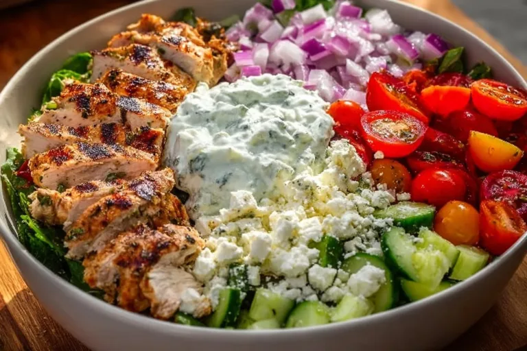 Delicious Greek Chicken Bowls with marinated chicken and fresh vegetables