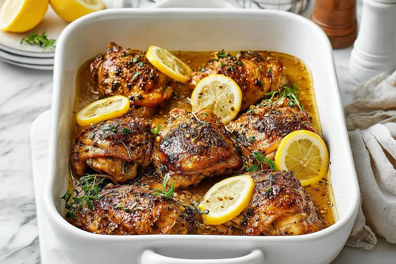 Delicious Greek lemon chicken garnished with herbs and lemon slices