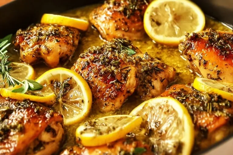 Plate of Greek Lemon Chicken garnished with herbs and lemon slices
