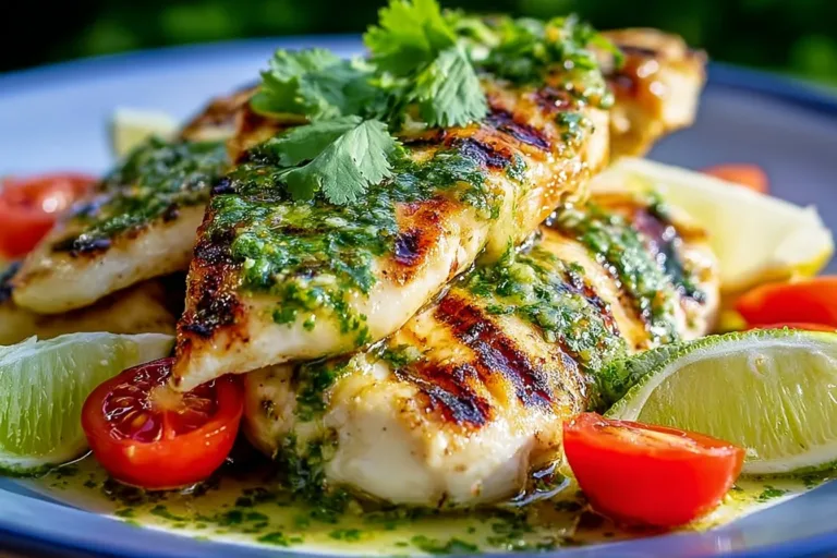 Grilled Salsa Verde Chicken topped with Pepper Jack cheese served on a platter