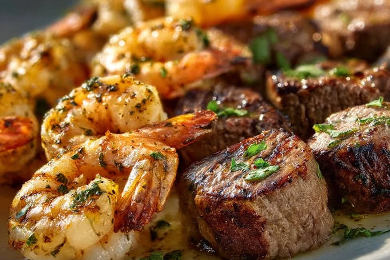 Grilled steak and shrimp skewers drizzled with garlic butter on a platter