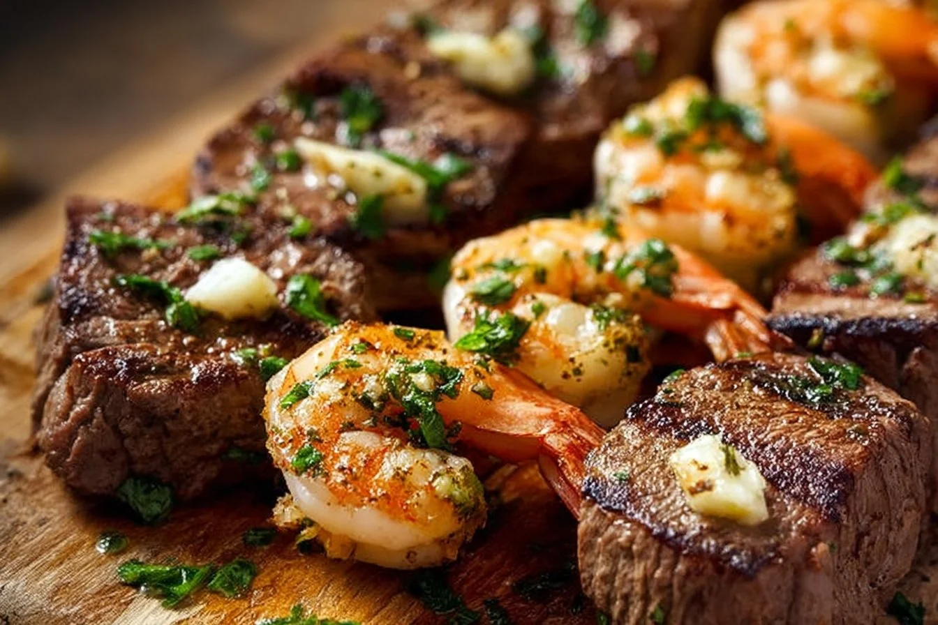 Grilled Steak and Shrimp Skewers with Garlic Butter