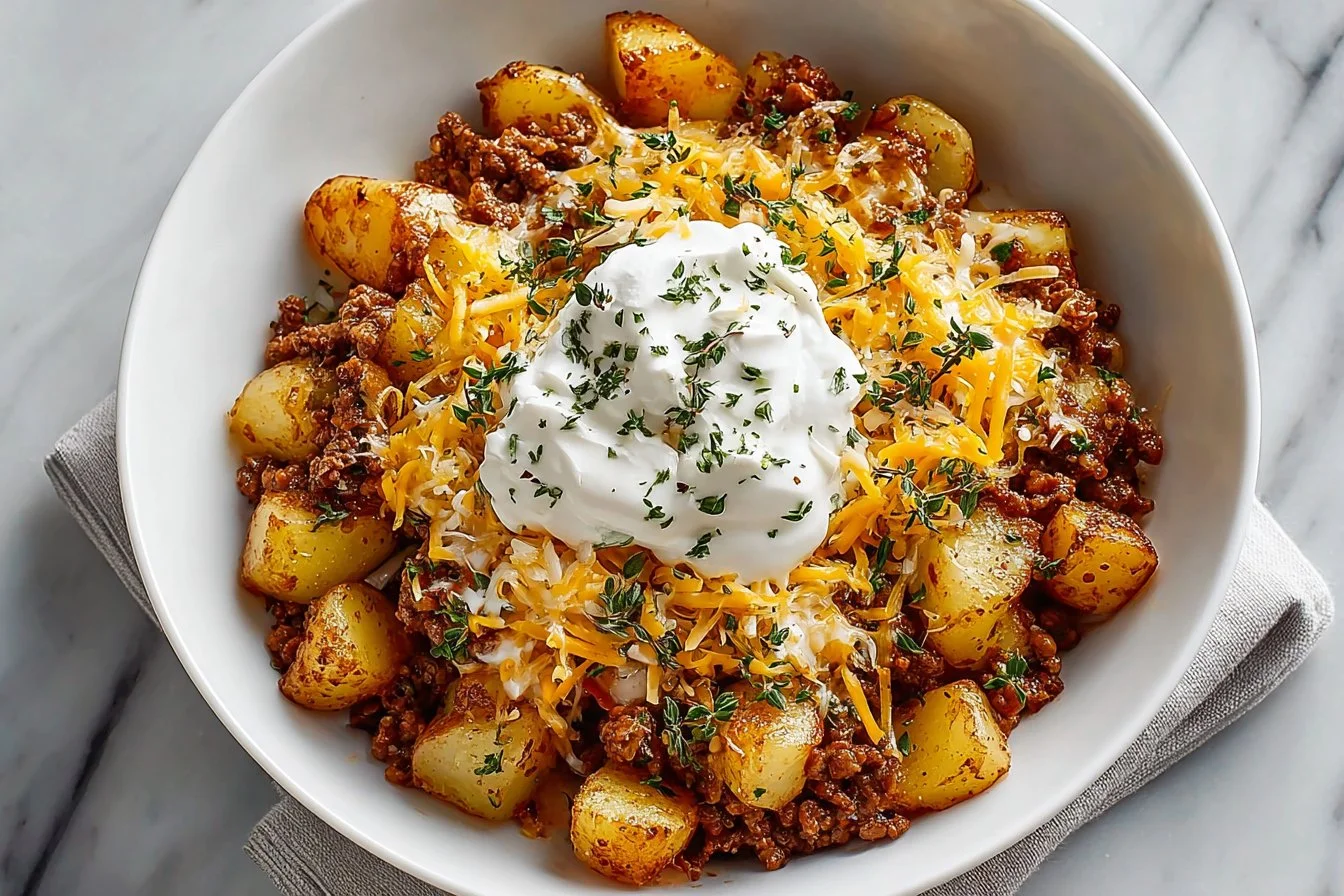 Ground Beef and Potatoes Casserole served in a baking dish with melted cheese.