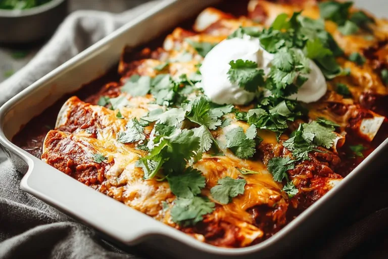 Delicious ground beef enchiladas topped with cheese and fresh herbs
