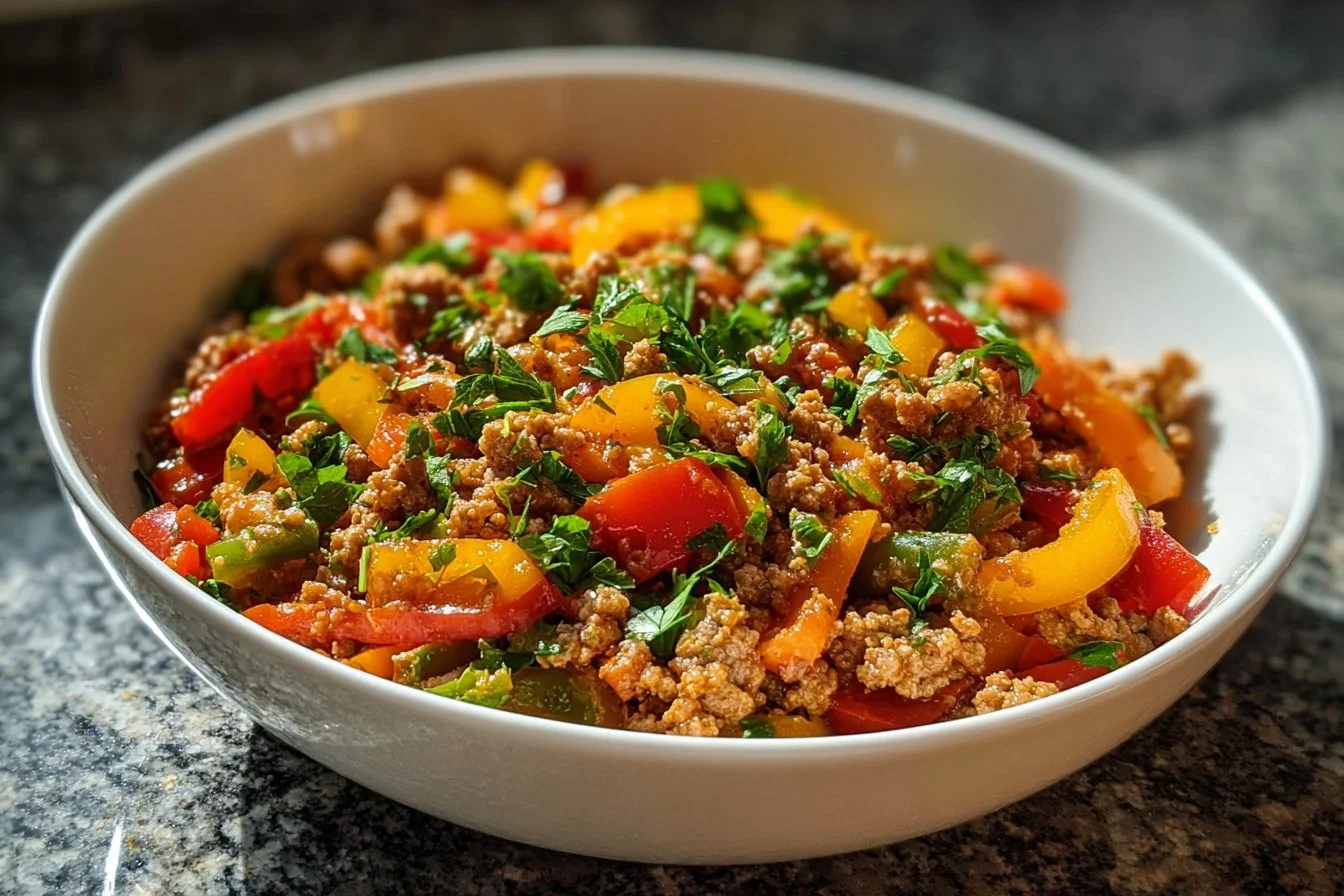 Plate of ground turkey stir-fried with colorful peppers