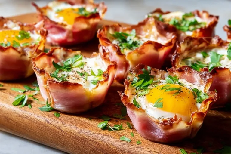 Baked Ham & Cheese Egg Cups served on a plate with vibrant garnishes.