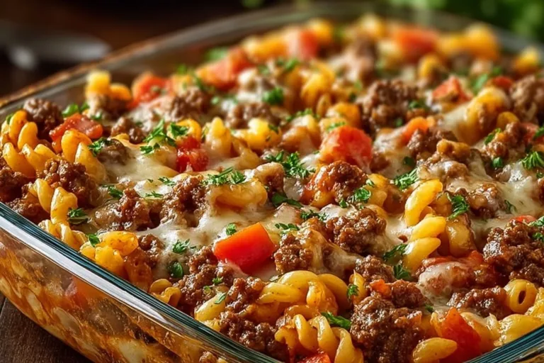Delicious Hamburger Supreme Casserole baked to perfection with cheese and veggies.