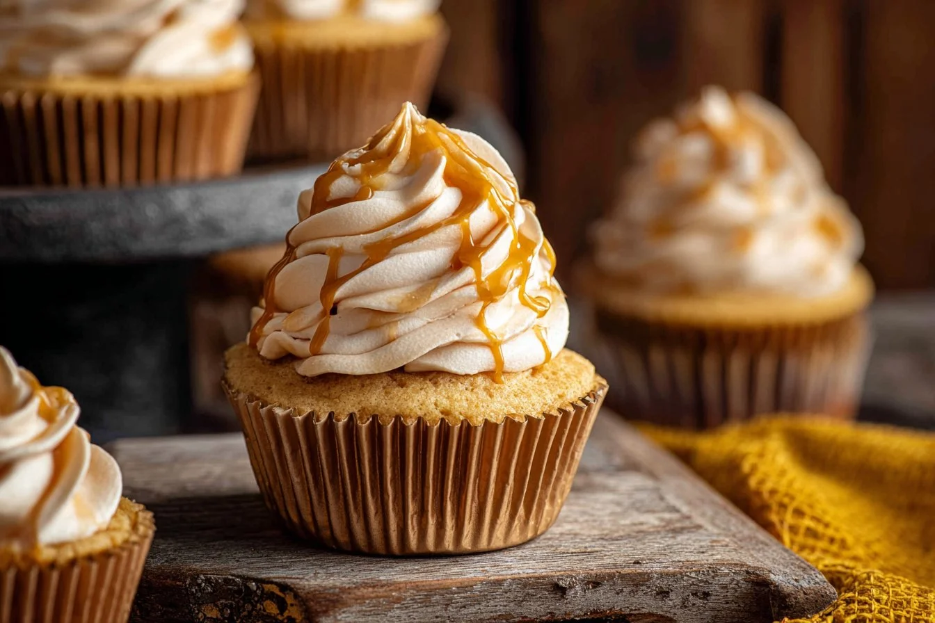 Delicious Harry Potter Butterbeer Cupcakes topped with creamy frosting