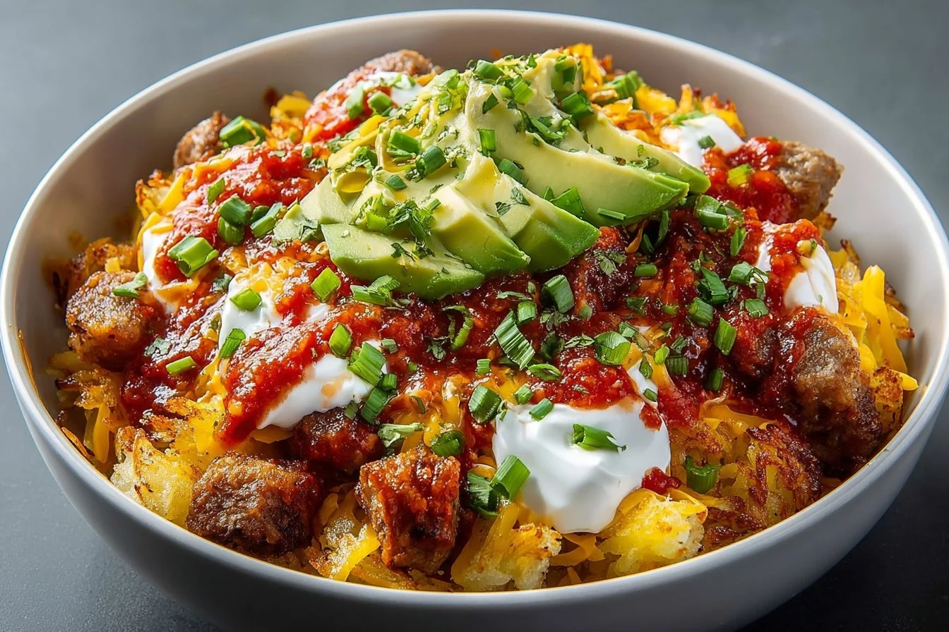 Delicious Hash Brown Breakfast Bowl with eggs, cheese, and vegetables