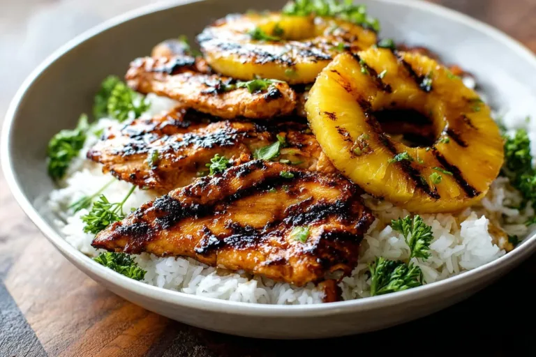 Hawaiian Chicken served with fluffy Coconut Rice on a plate