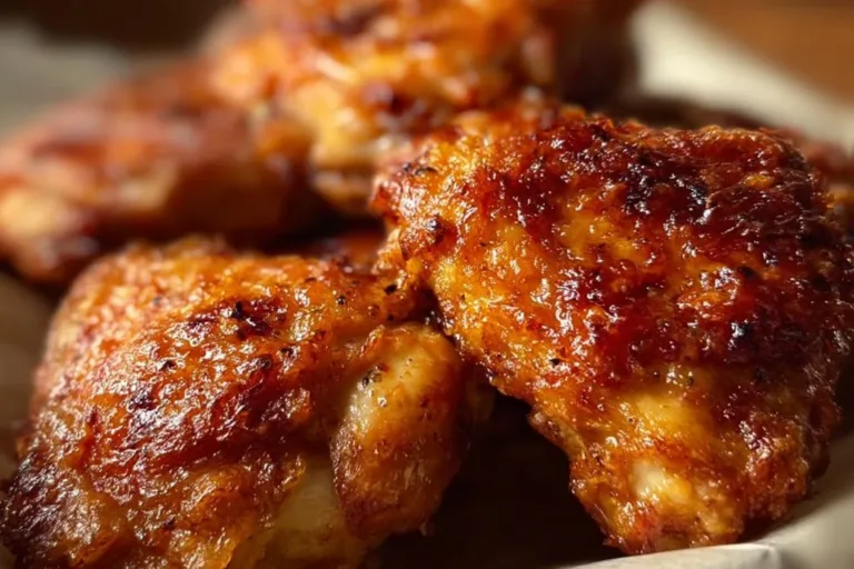 Healthy fried chicken thighs served on a plate with green garnish.