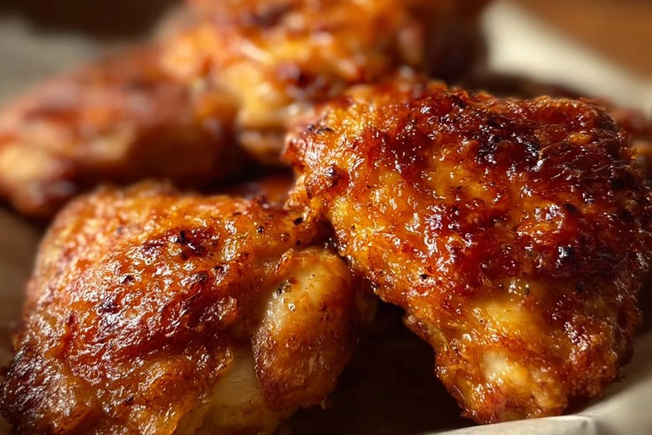 Healthy fried chicken thighs served on a plate with green garnish.