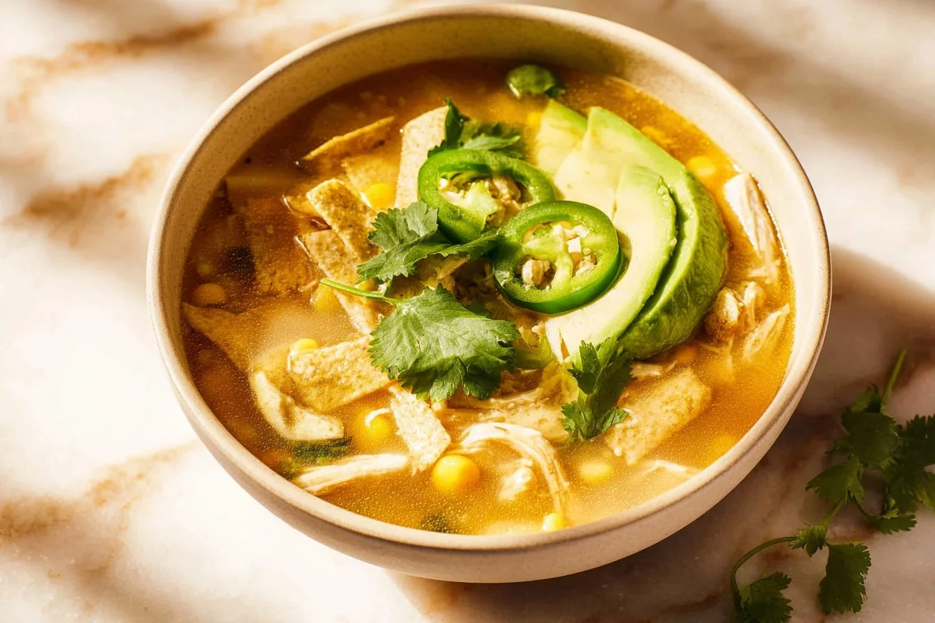 Bowl of healthy white chicken chili with fresh ingredients and herbs